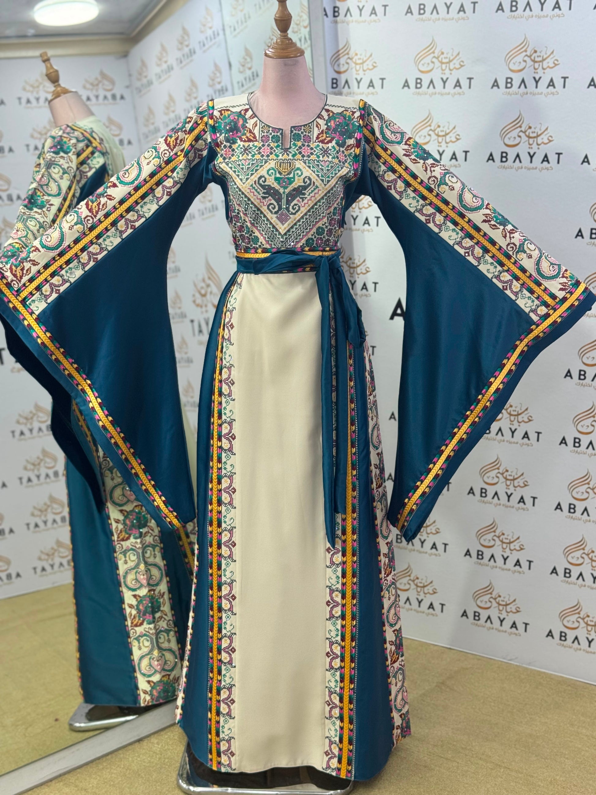 Petrol Blue & Ivory Palestinian Embroidered Butterfly Sleeve Thobe