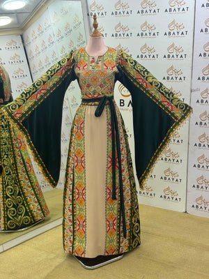 Forest Green & Ivory Palestinian Tatreez Butterfly Sleeve Thobe