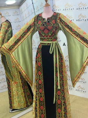 Olive Green & Black Palestinian Embroidered Butterfly Sleeve Thobe