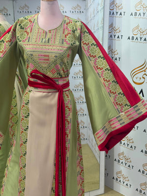 Ivory & Sage Green Palestinian Tatreez Thobe with Raspberry Accents
