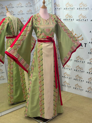 Ivory & Sage Green Palestinian Tatreez Thobe with Raspberry Accents