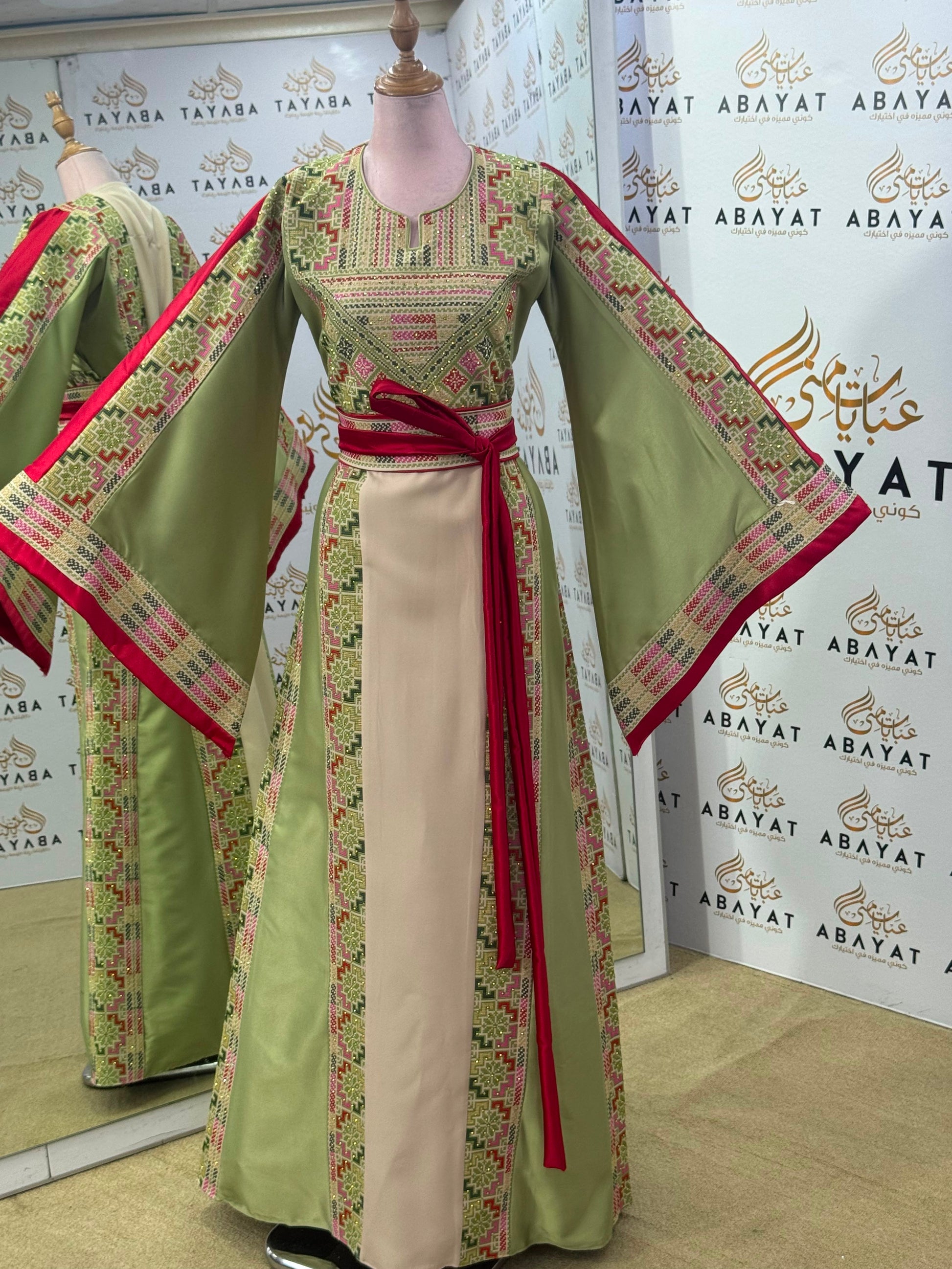 Ivory & Sage Green Palestinian Tatreez Thobe with Raspberry Accents