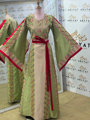 Ivory & Sage Green Palestinian Tatreez Thobe with Raspberry Accents