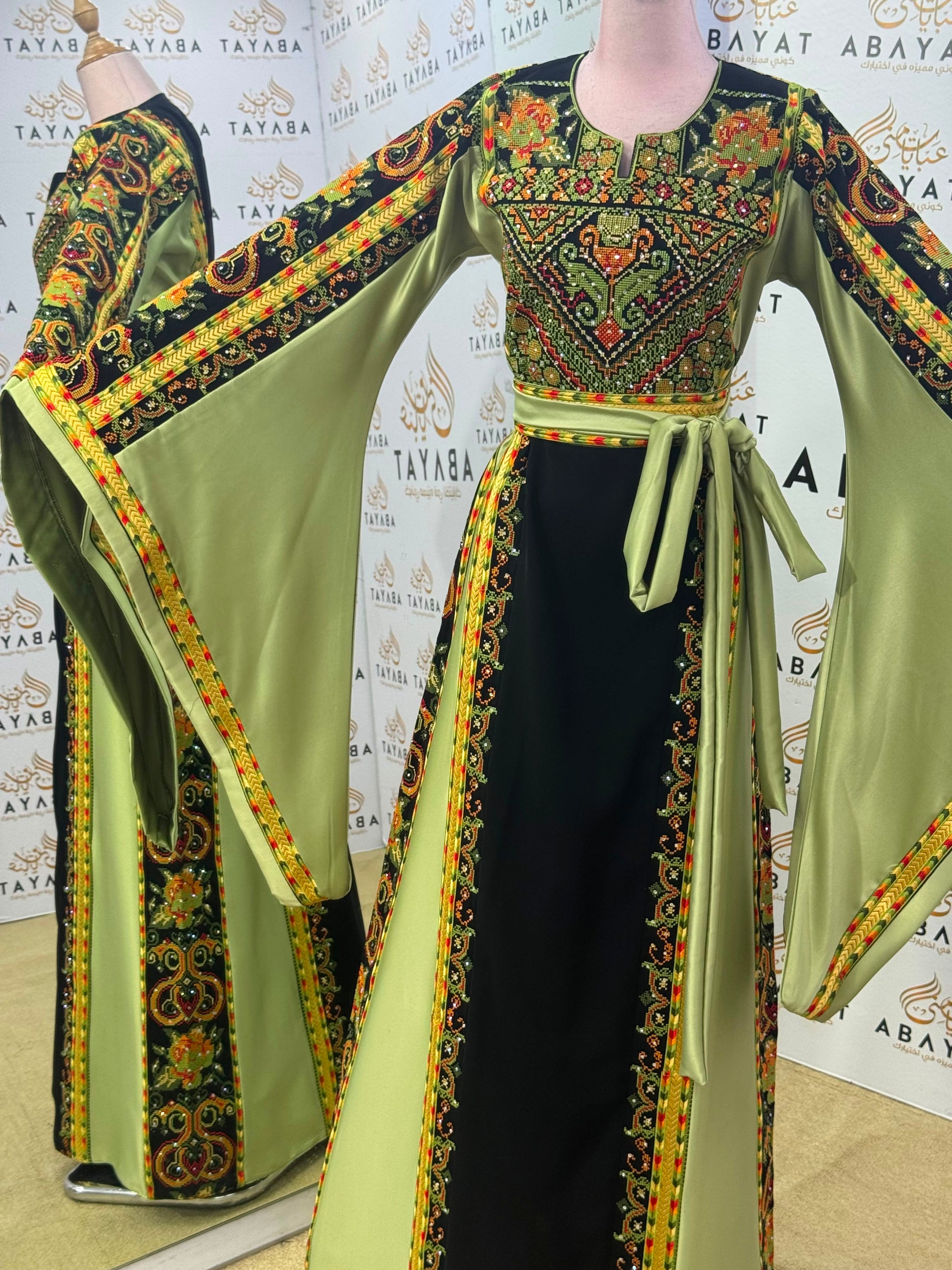 Black & Olive Green Palestinian Embroidered Butterfly Sleeve Thobe