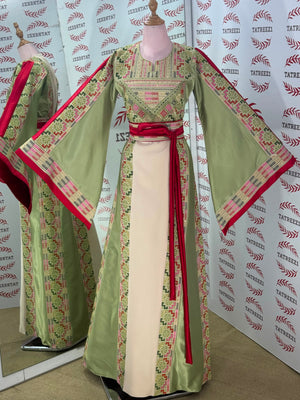 Ivory & Sage Green Palestinian Tatreez Thobe with Raspberry Accents