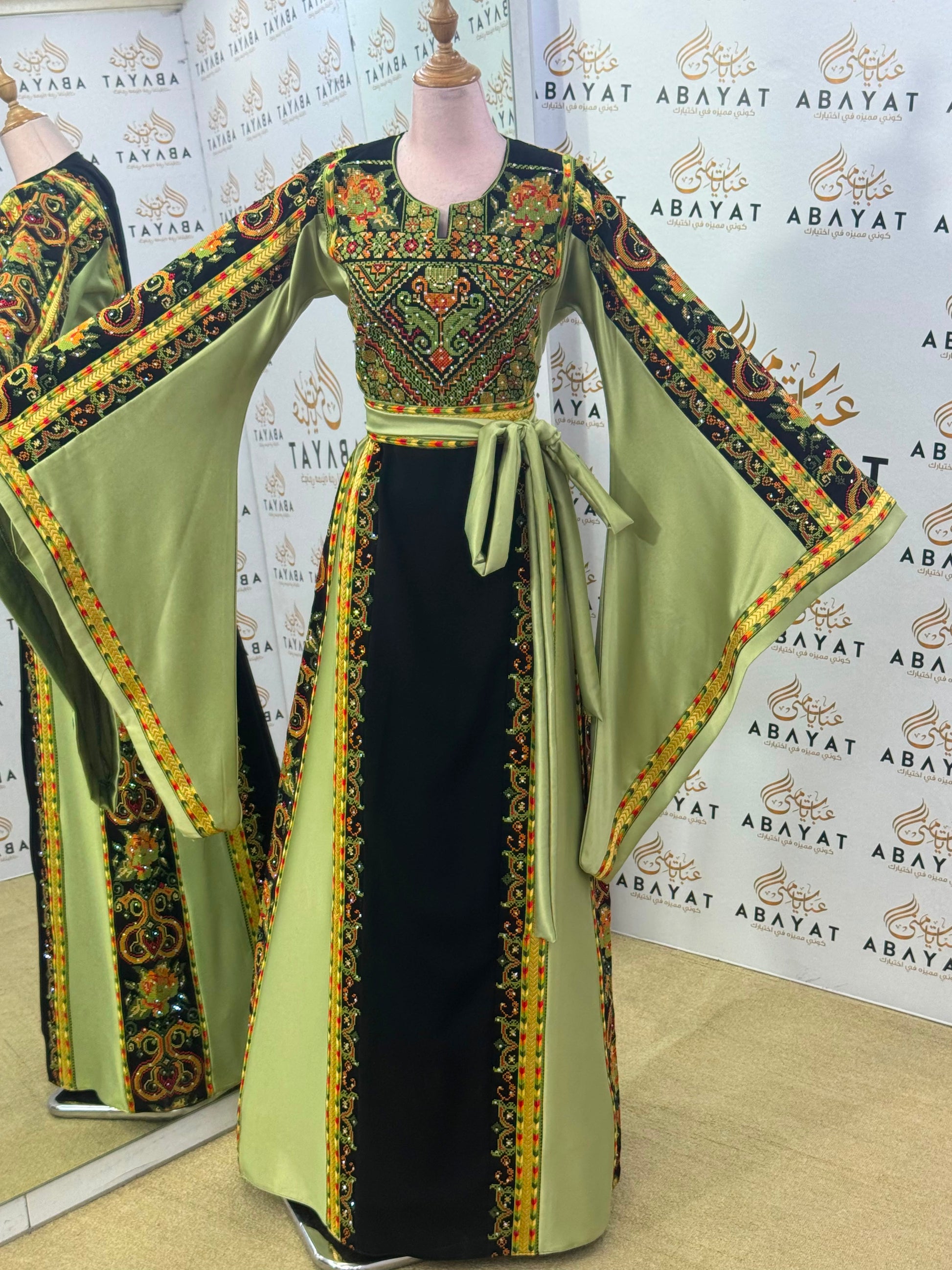 Black & Olive Green Palestinian Embroidered Butterfly Sleeve Thobe