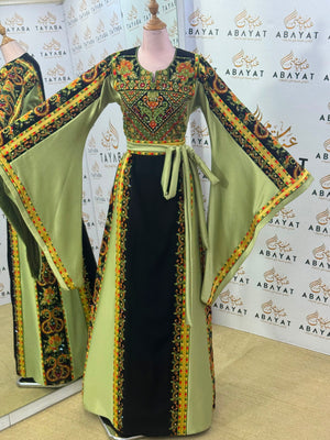 Black & Olive Green Palestinian Embroidered Butterfly Sleeve Thobe