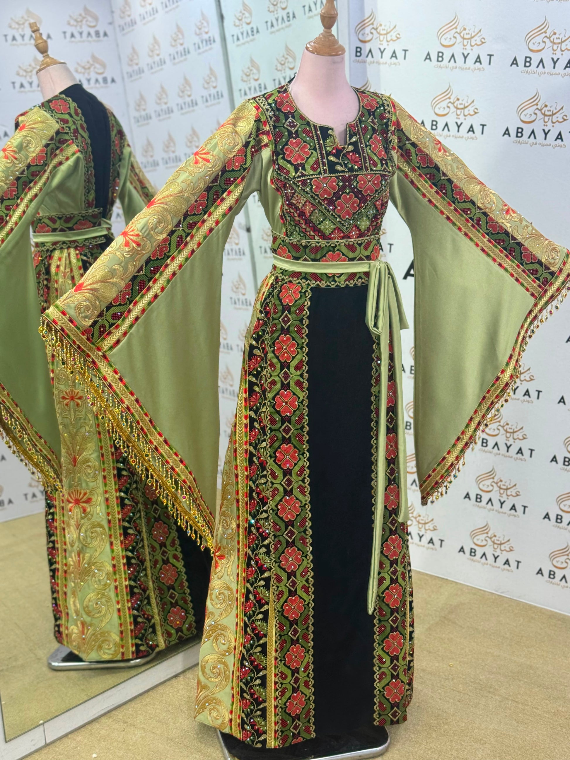 Olive Green & Black Palestinian Embroidered Butterfly Sleeve Thobe