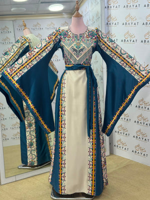 Petrol Blue & Ivory Palestinian Embroidered Butterfly Sleeve Thobe