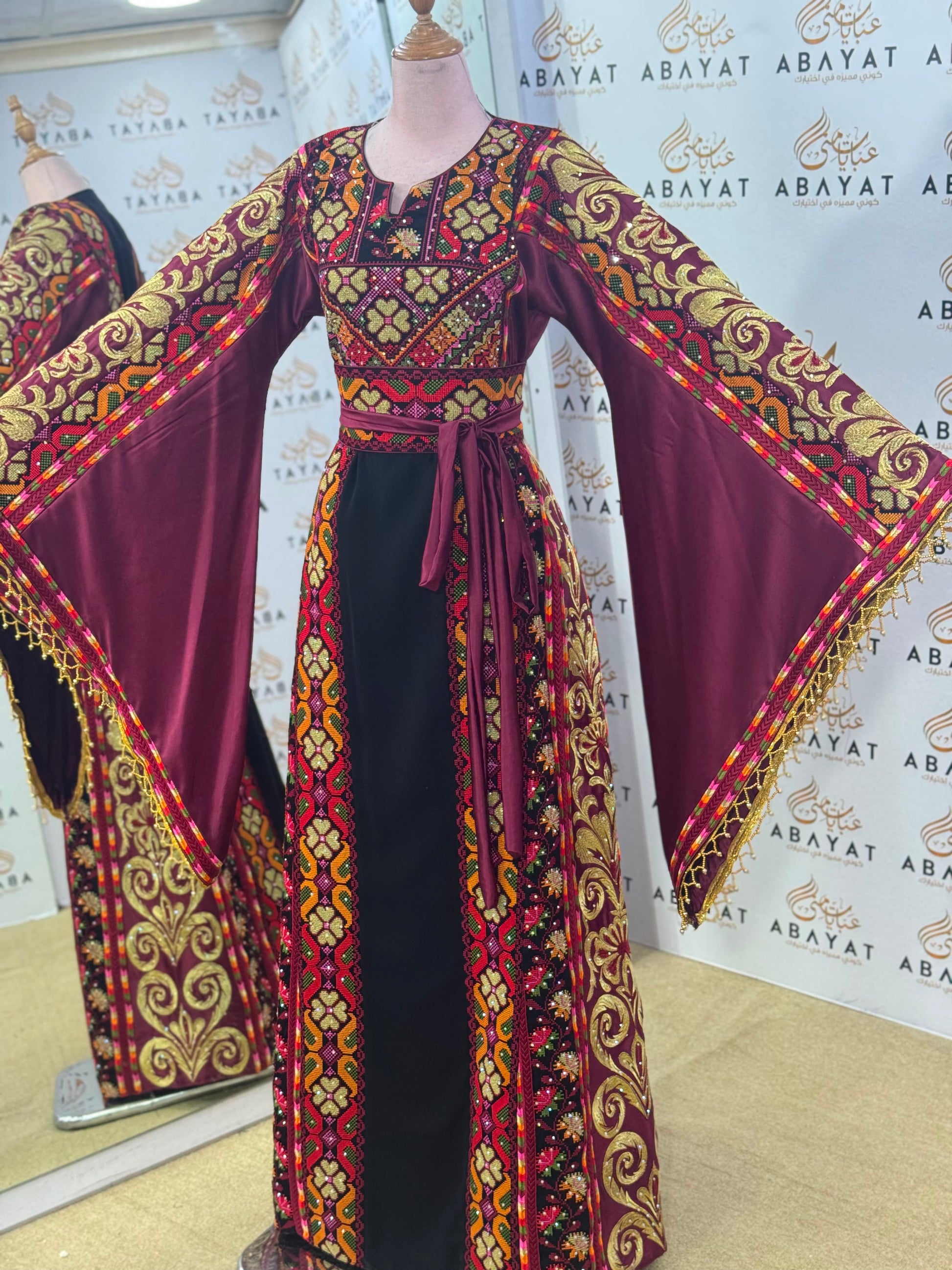 Wine & Black Palestinian Embroidered Butterfly Sleeve Thob