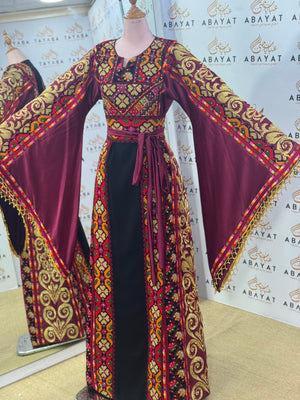 Wine & Black Palestinian Embroidered Butterfly Sleeve Thob