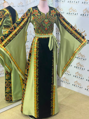 Black & Olive Green Palestinian Embroidered Butterfly Sleeve Thobe