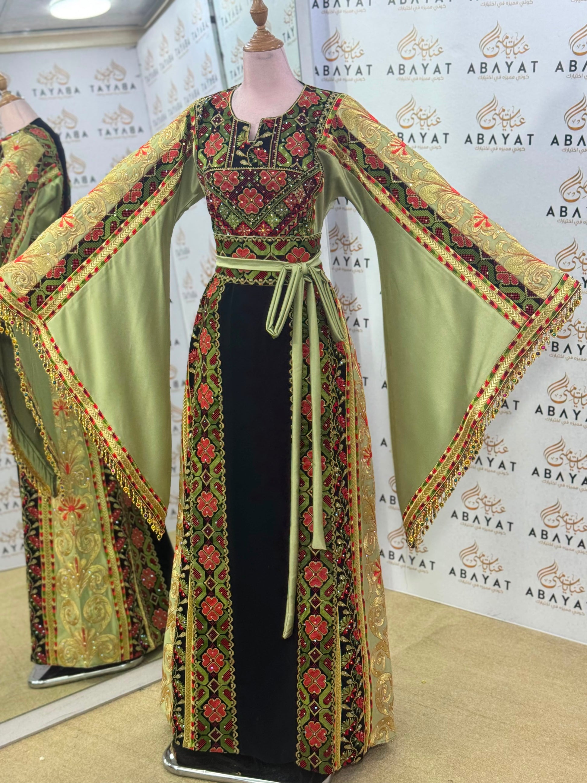 Olive Green & Black Palestinian Embroidered Butterfly Sleeve Thobe