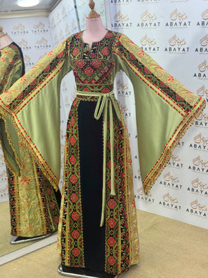 Olive Green & Black Palestinian Embroidered Butterfly Sleeve Thobe