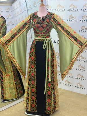 Olive Green & Black Palestinian Embroidered Butterfly Sleeve Thobe