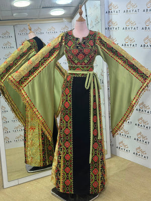 Olive Green & Black Palestinian Embroidered Butterfly Sleeve Thobe
