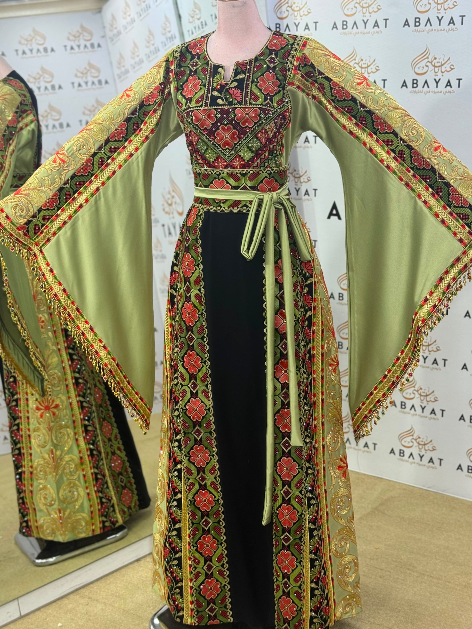 Olive Green & Black Palestinian Embroidered Butterfly Sleeve Thobe