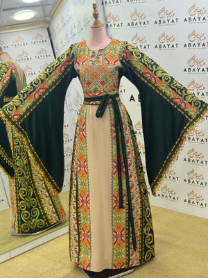 Forest Green & Ivory Palestinian Tatreez Butterfly Sleeve Thobe