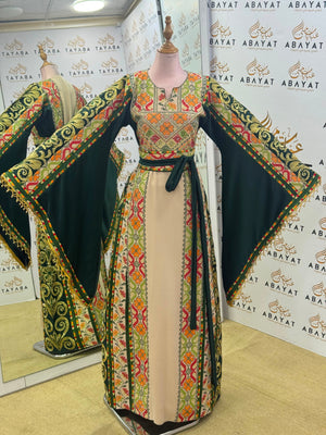Forest Green & Ivory Palestinian Tatreez Butterfly Sleeve Thobe