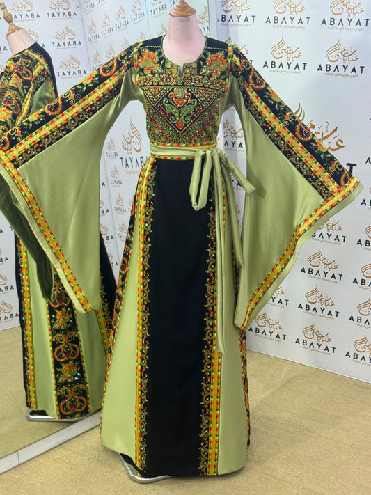 Black & Olive Green Palestinian Embroidered Butterfly Sleeve Thobe