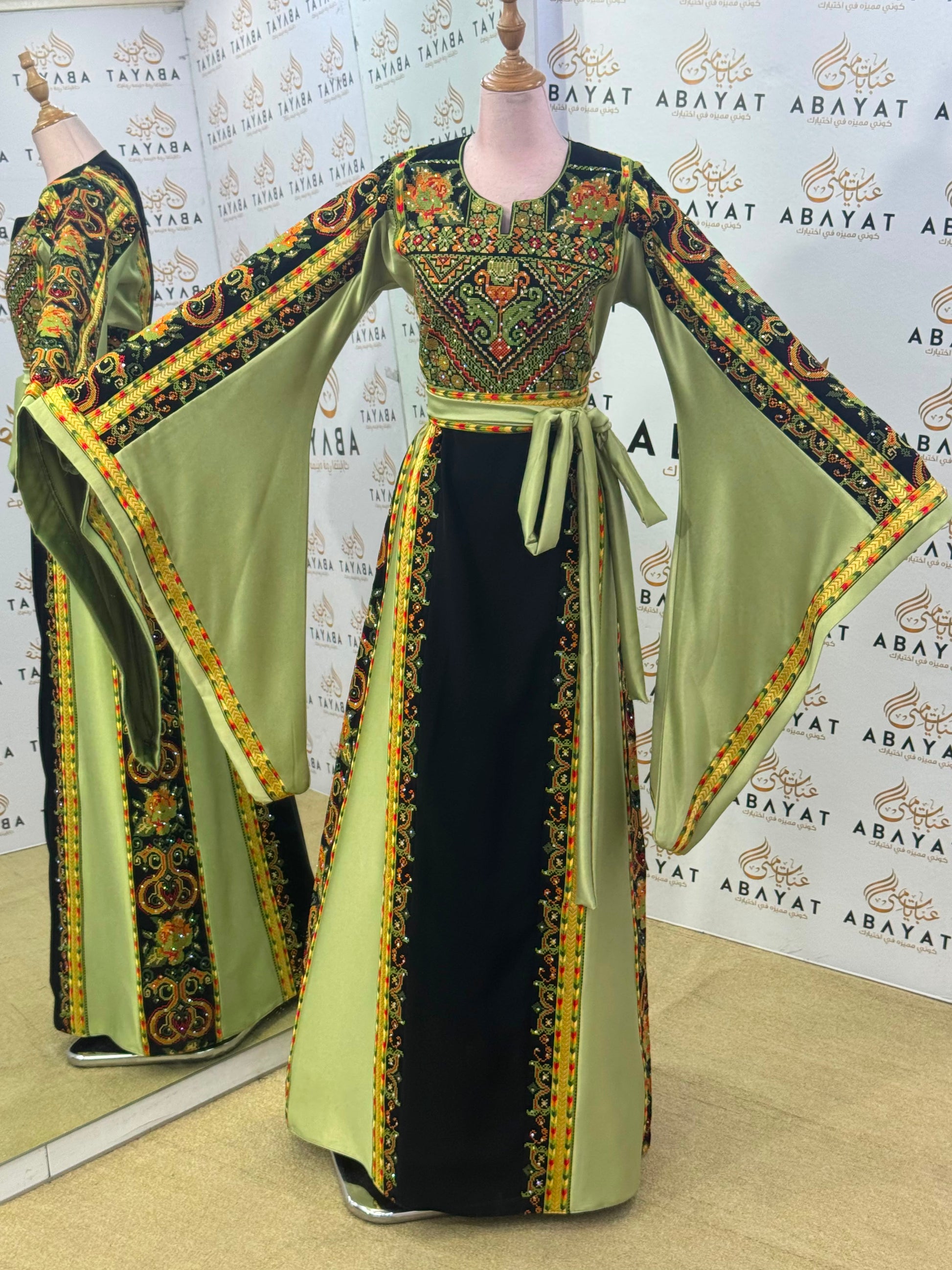 Black & Olive Green Palestinian Embroidered Butterfly Sleeve Thobe