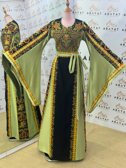 Black & Olive Green Palestinian Embroidered Butterfly Sleeve Thobe