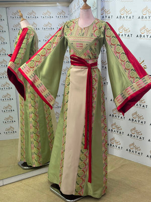 Ivory & Sage Green Palestinian Tatreez Thobe with Raspberry Accents