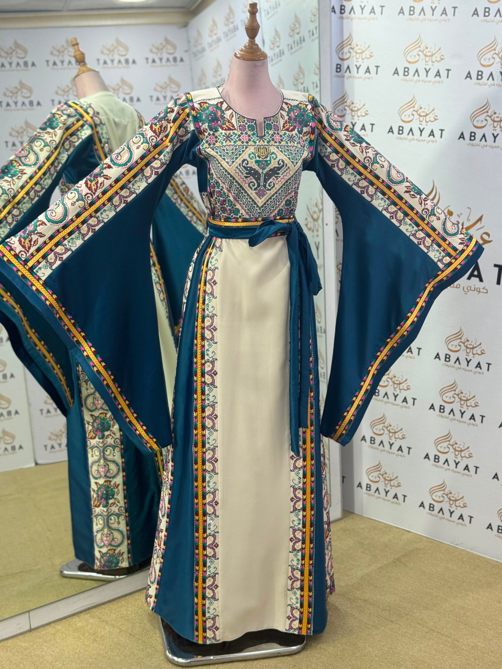 Petrol Blue & Ivory Palestinian Embroidered Butterfly Sleeve Thobe
