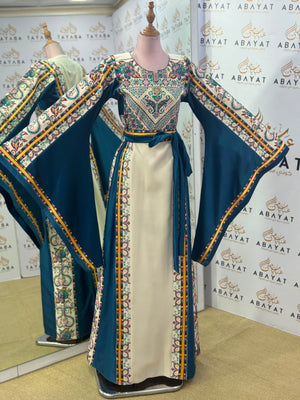 Petrol Blue & Ivory Palestinian Embroidered Butterfly Sleeve Thobe