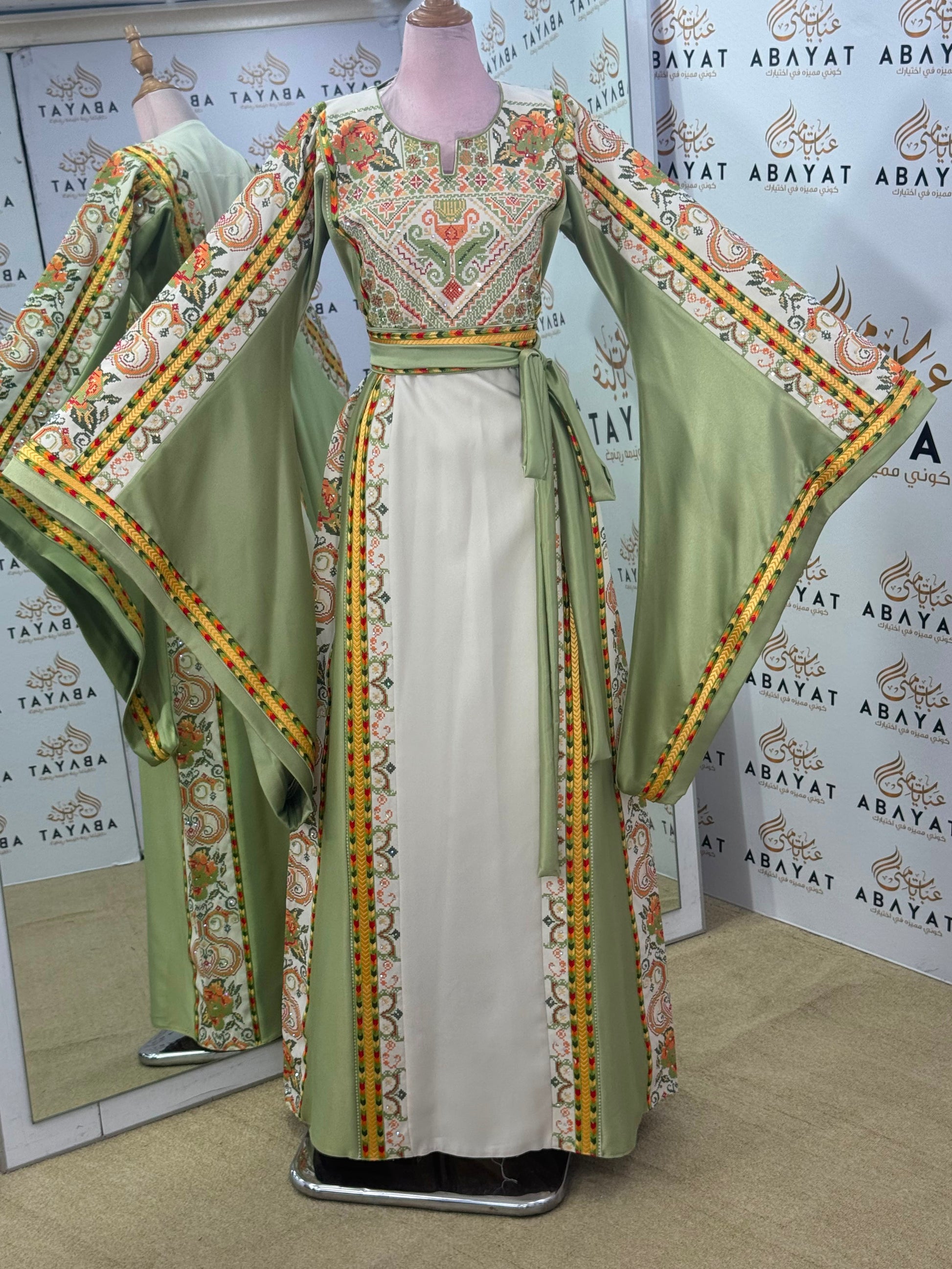 Sage Green & Ivory Palestinian Tatreez Butterfly Sleeve Thobe