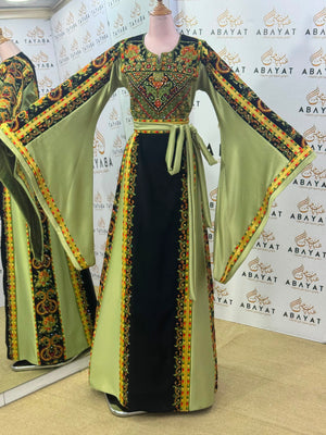 Black & Olive Green Palestinian Embroidered Butterfly Sleeve Thobe