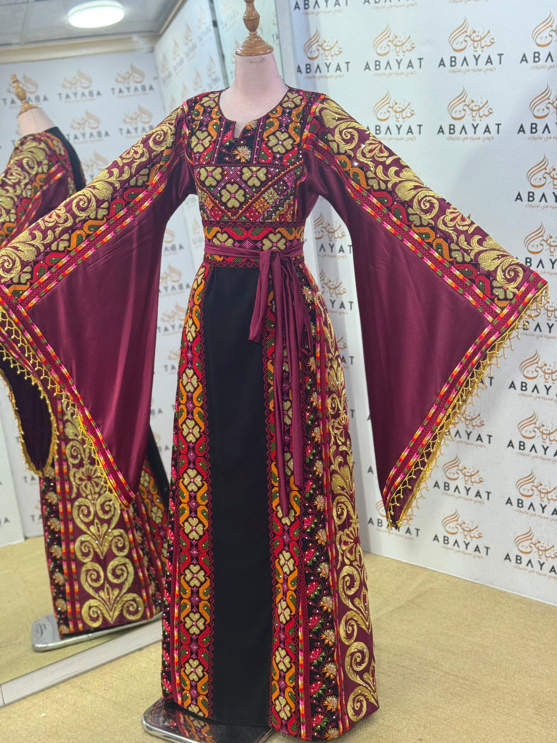 Wine & Black Palestinian Embroidered Butterfly Sleeve Thob