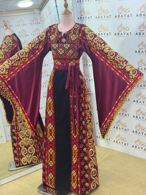 Wine & Black Palestinian Embroidered Butterfly Sleeve Thob