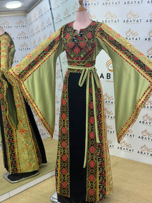 Olive Green & Black Palestinian Embroidered Butterfly Sleeve Thobe