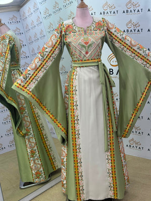 Sage Green & Ivory Palestinian Tatreez Butterfly Sleeve Thobe