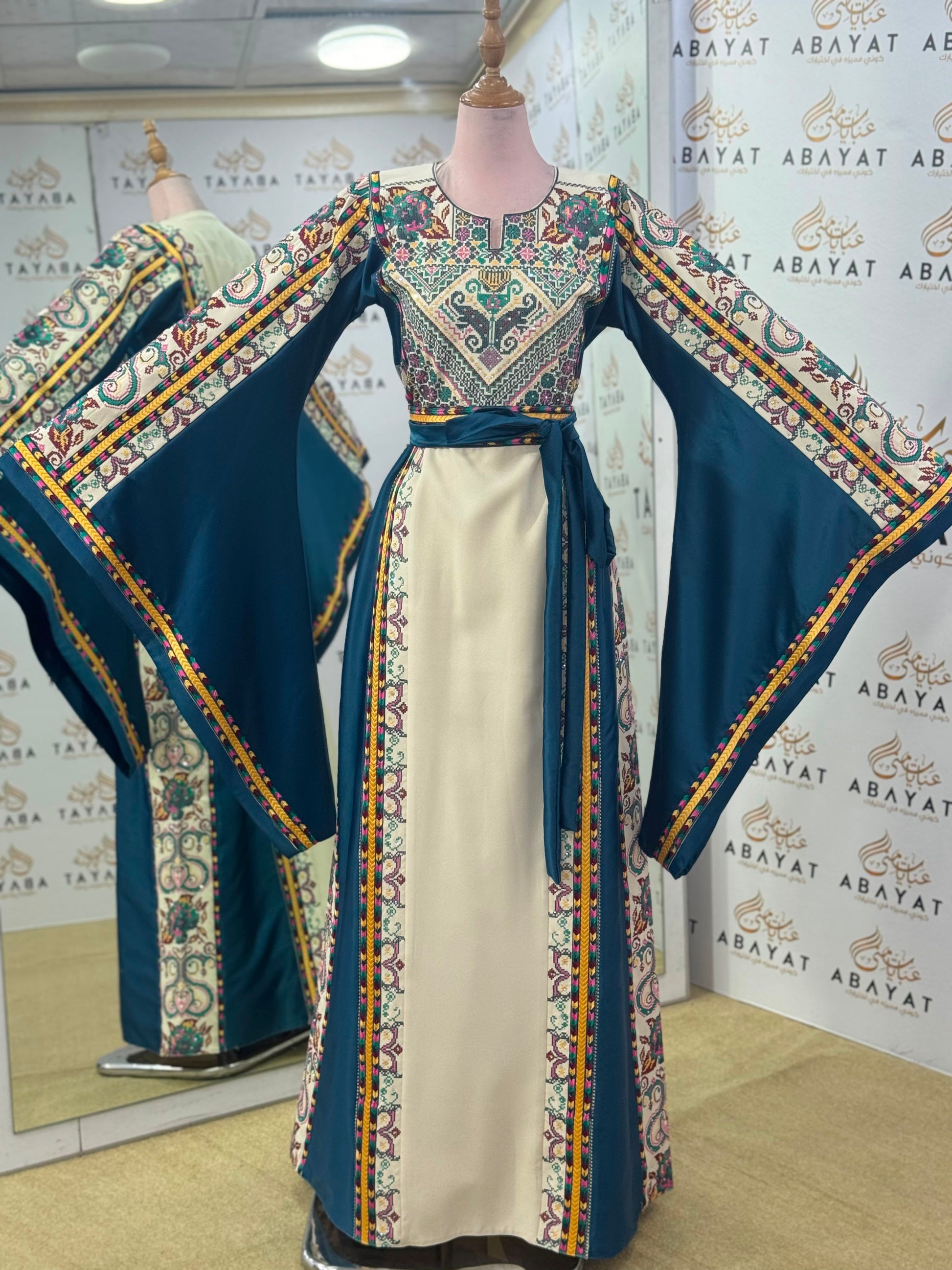 Petrol Blue & Ivory Palestinian Embroidered Butterfly Sleeve Thobe