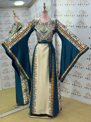 Petrol Blue & Ivory Palestinian Embroidered Butterfly Sleeve Thobe