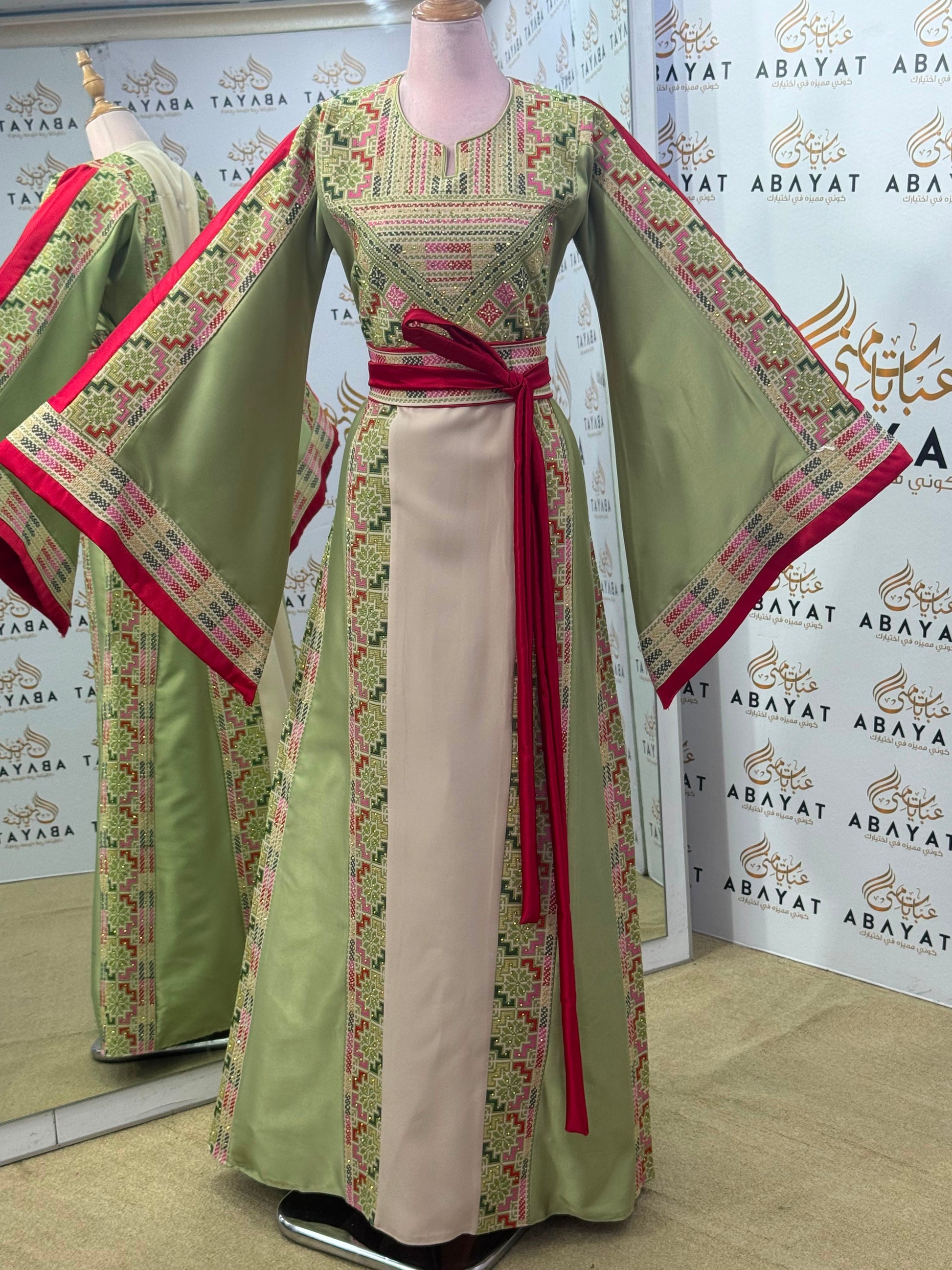 Ivory & Sage Green Palestinian Tatreez Thobe with Raspberry Accents