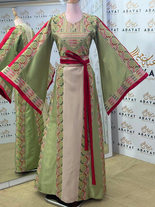 Ivory & Sage Green Palestinian Tatreez Thobe with Raspberry Accents