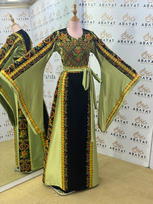 Black & Olive Green Palestinian Embroidered Butterfly Sleeve Thobe