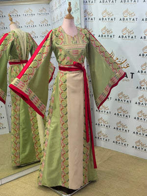 Ivory & Sage Green Palestinian Tatreez Thobe with Raspberry Accents