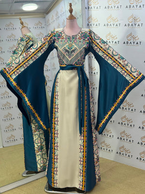 Petrol Blue & Ivory Palestinian Embroidered Butterfly Sleeve Thobe