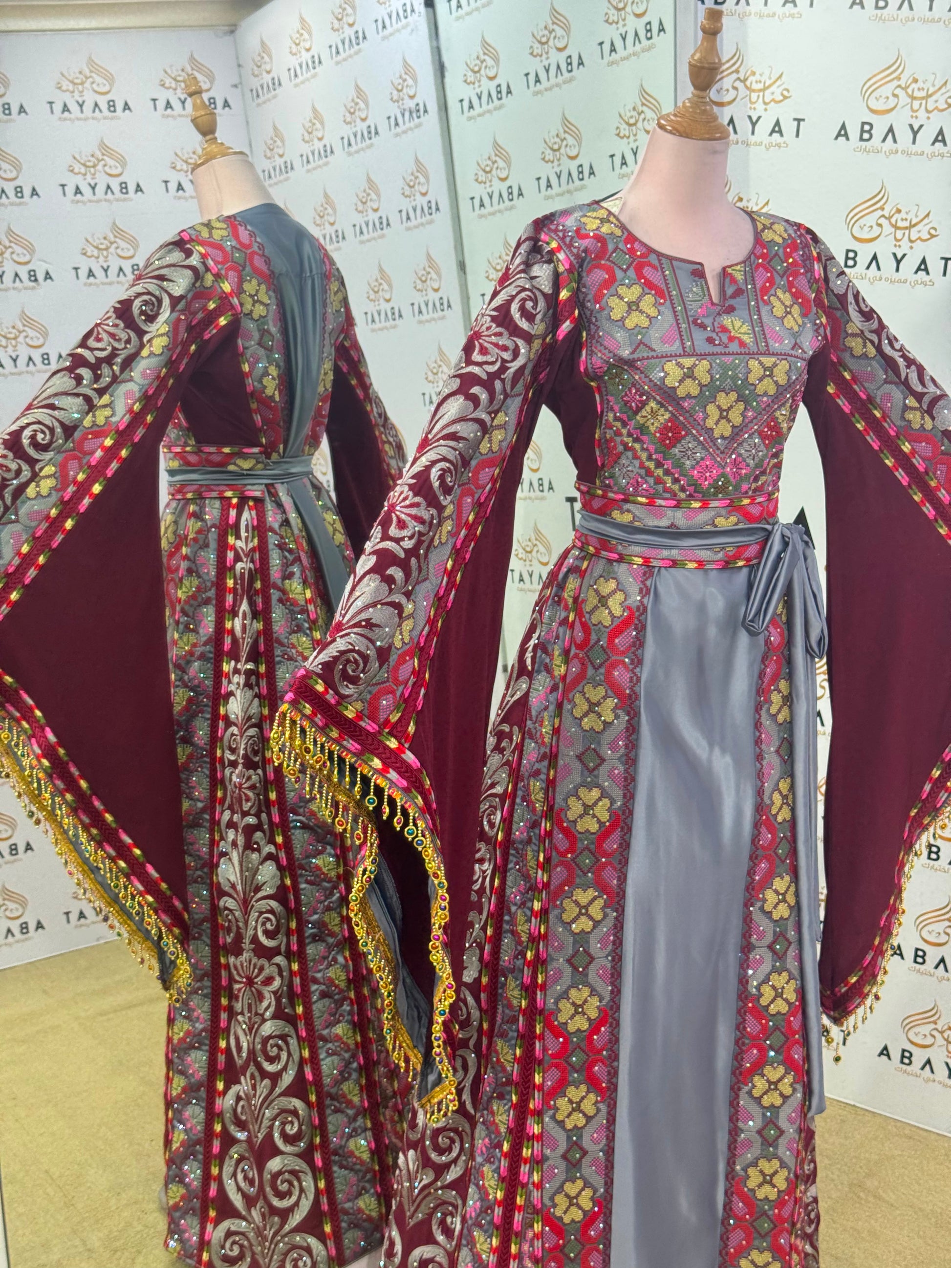 Burgundy & Silver Gray Palestinian Tatreez Butterfly Sleeve Tho