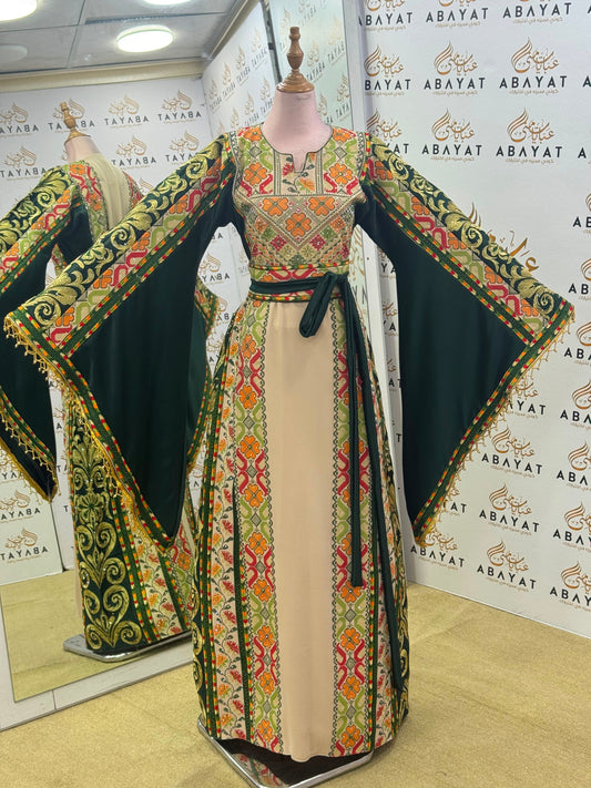 Forest Green & Ivory Palestinian Tatreez Butterfly Sleeve Thobe