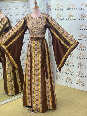Mocha Brown Palestinian Embroidered Butterfly Sleeve Thobe