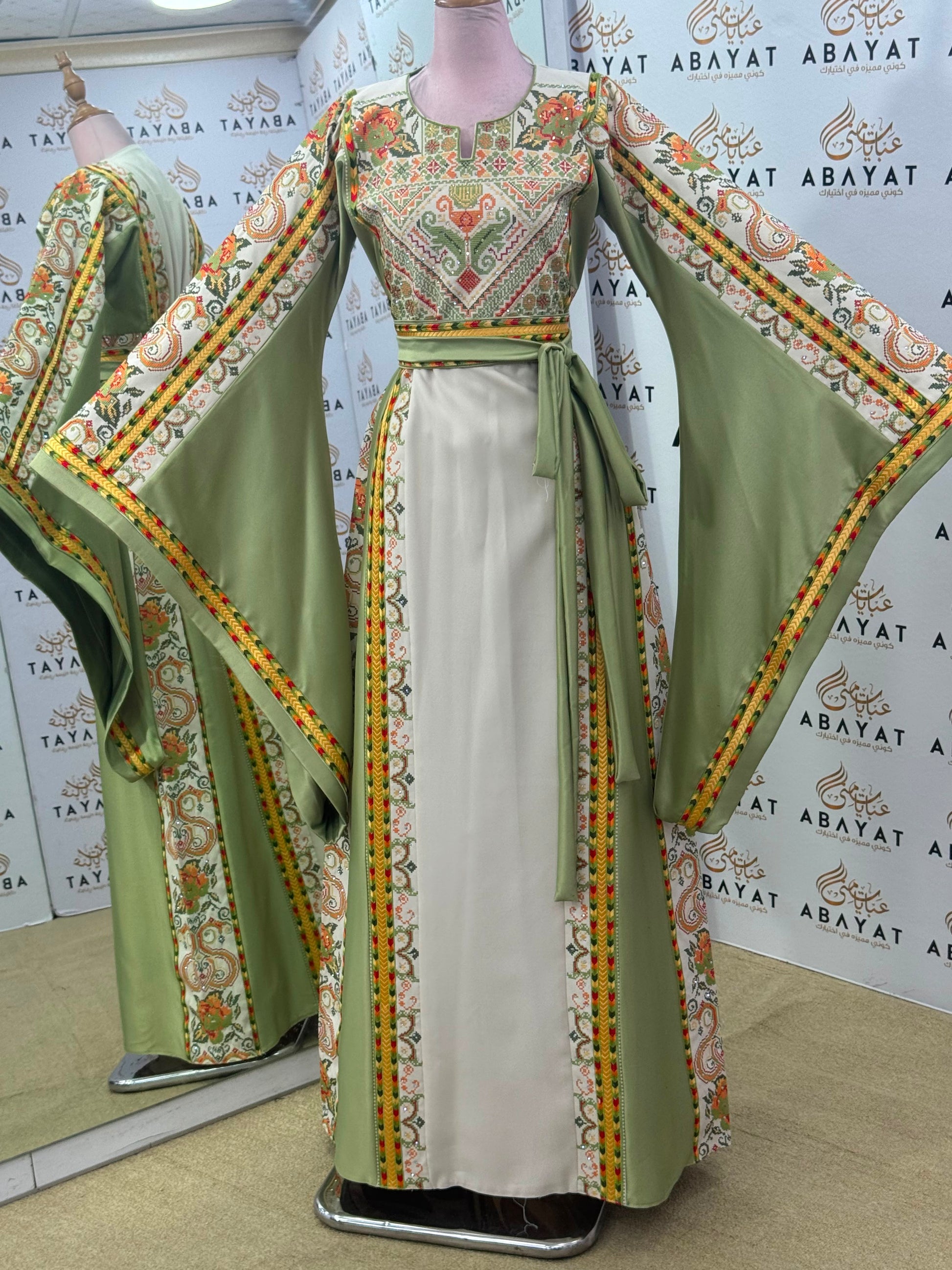 Sage Green & Ivory Palestinian Tatreez Butterfly Sleeve Thobe