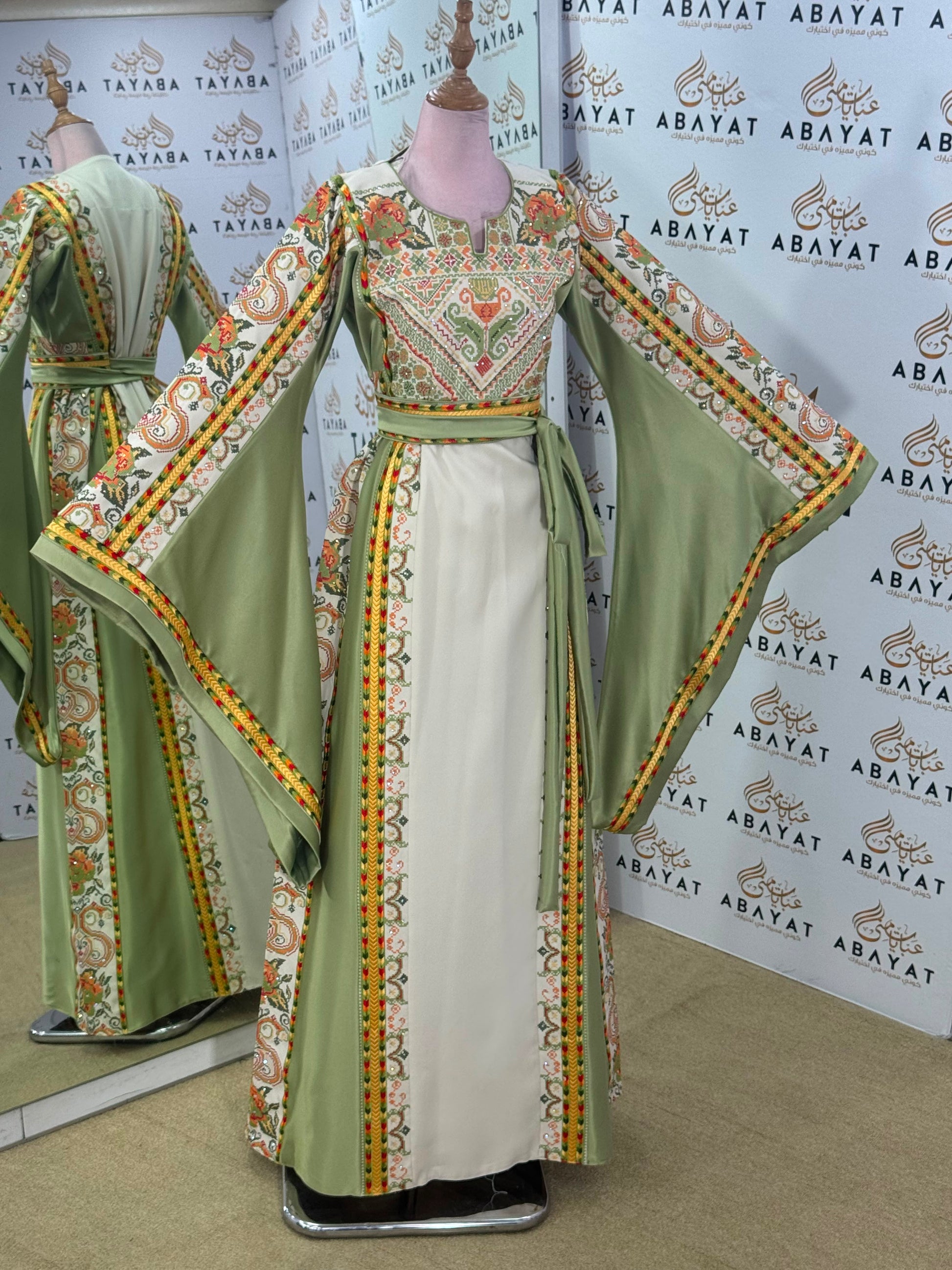 Sage Green & Ivory Palestinian Tatreez Butterfly Sleeve Thobe