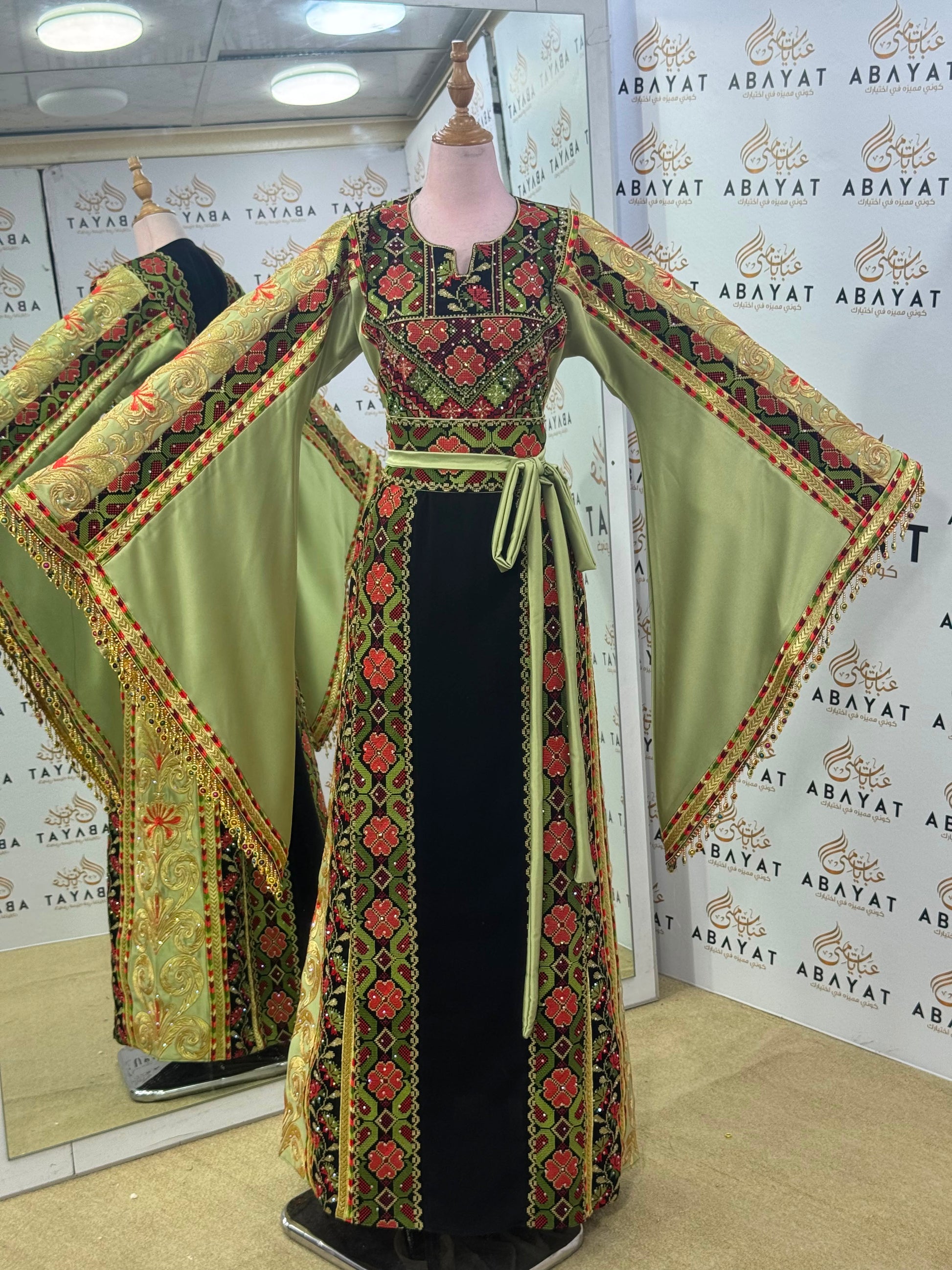 Olive Green & Black Palestinian Embroidered Butterfly Sleeve Thobe