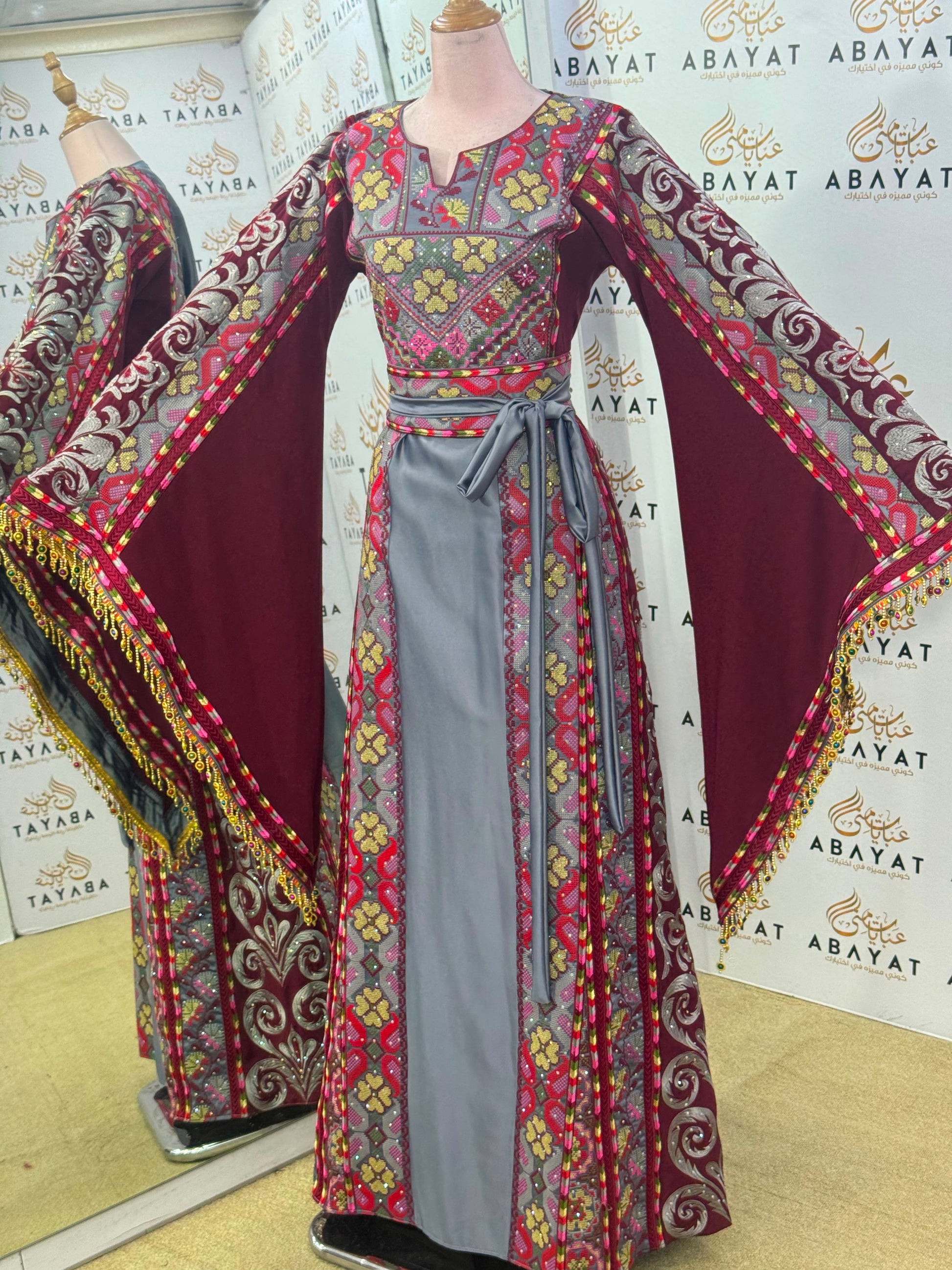 Burgundy & Silver Gray Palestinian Tatreez Butterfly Sleeve Tho