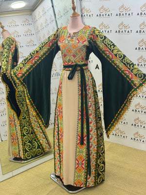 Forest Green & Ivory Palestinian Tatreez Butterfly Sleeve Thobe